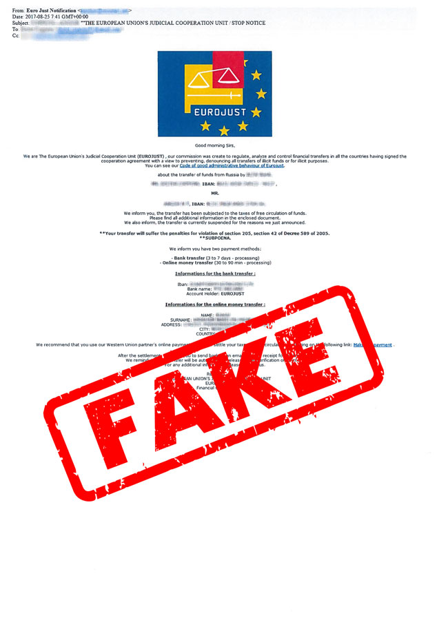 An example of a fake letter misusing Eurojust's identity